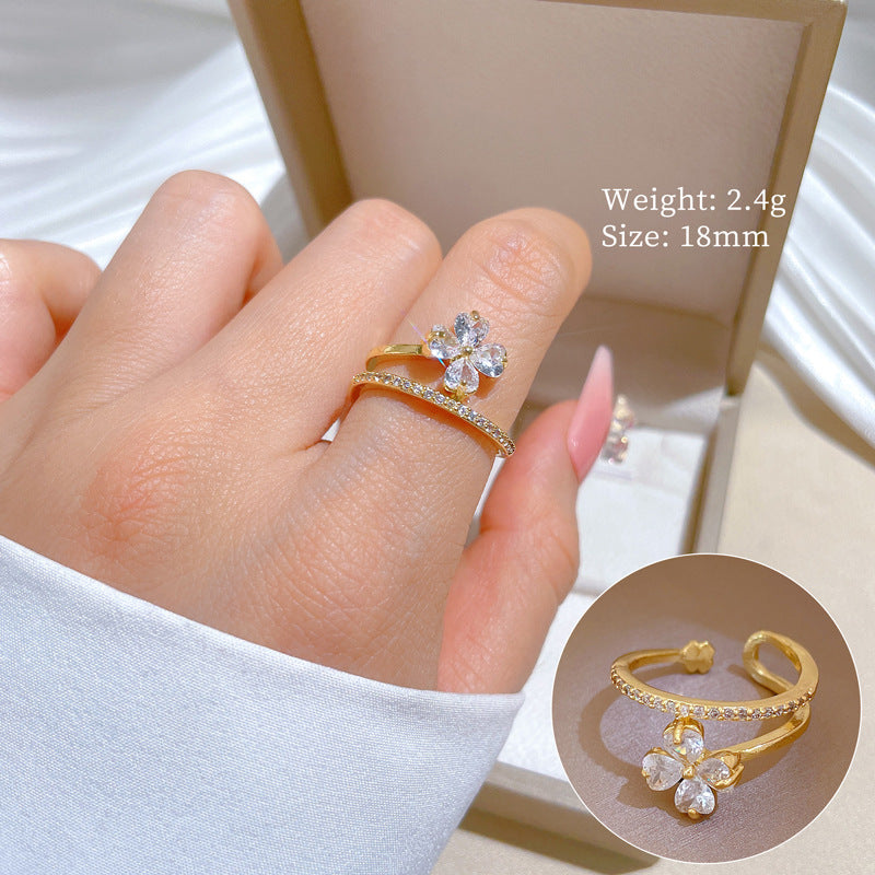 Minimalist Geometric Gold-Plated Brass Open Ring for Women with Crown Shape and Rhinestone Inlay