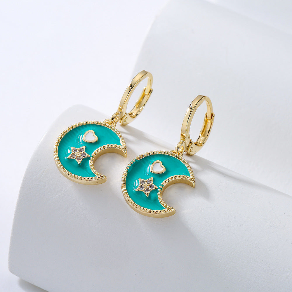 Orecchini minimalisti a forma di stella e luna in rame placcato oro 18K con finitura smaltata da donna