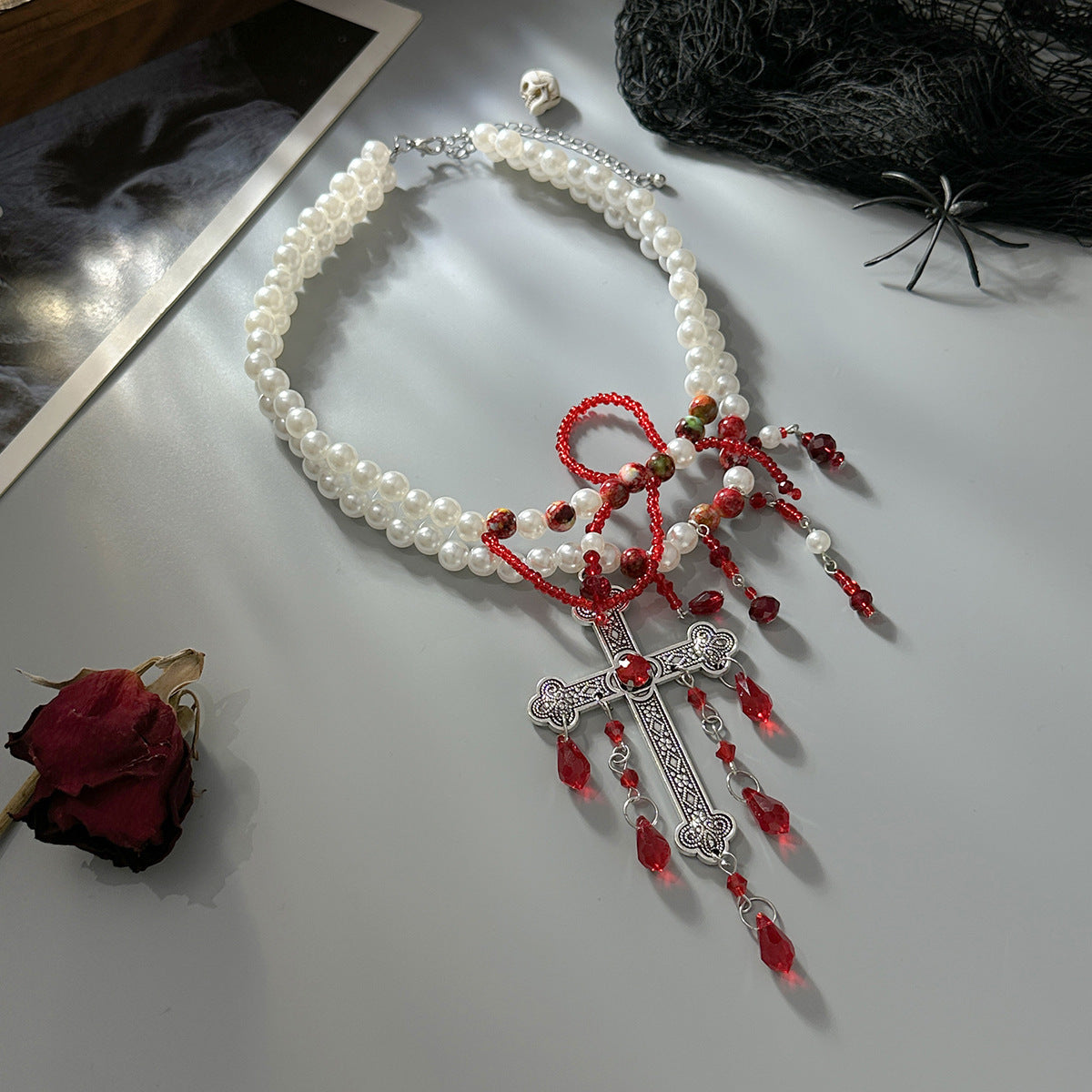 Gothic Vintage Drip Oil Plated Alloy Cross Pendant Necklace with Imitation Pearl Tassel for Women