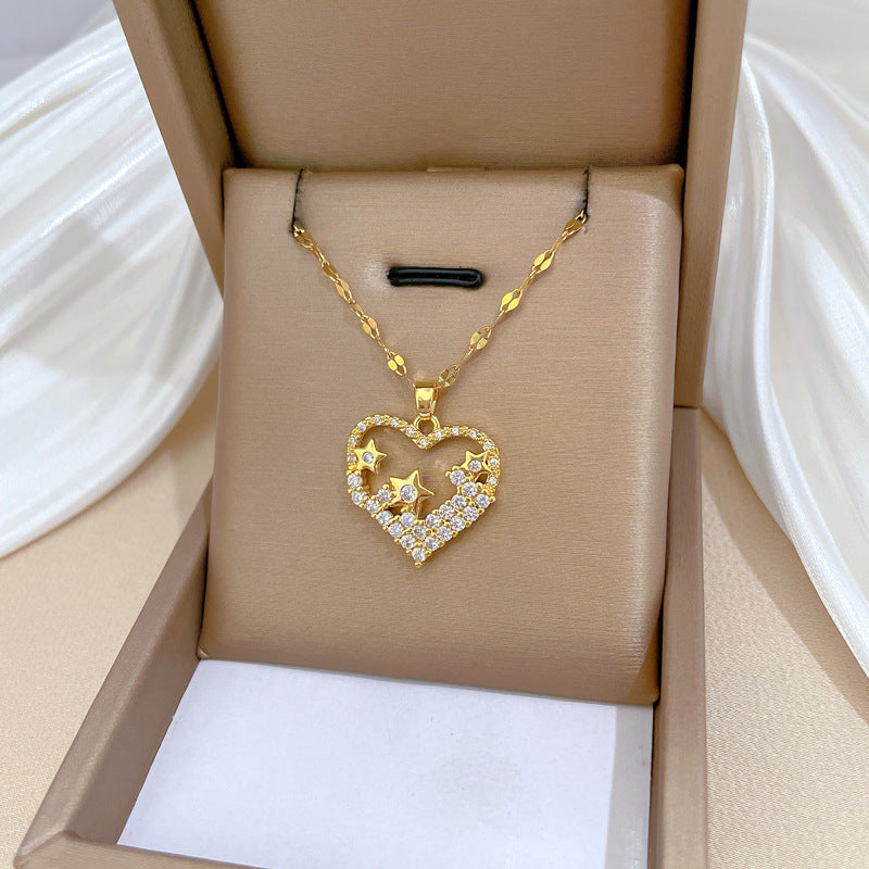 Luxury Titanium Steel Geometric Star Pendant Necklace for Women with Rhinestone Inlay, Adjustable Chain Length 21-50 cm