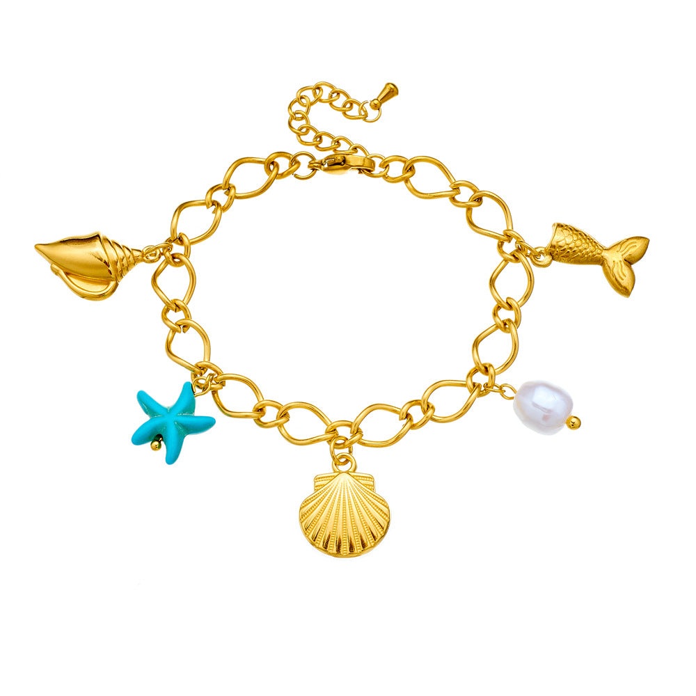 Fashionable Stainless Steel Pearl Sea Star Pendant Bracelet with 18K Gold Plating for Women