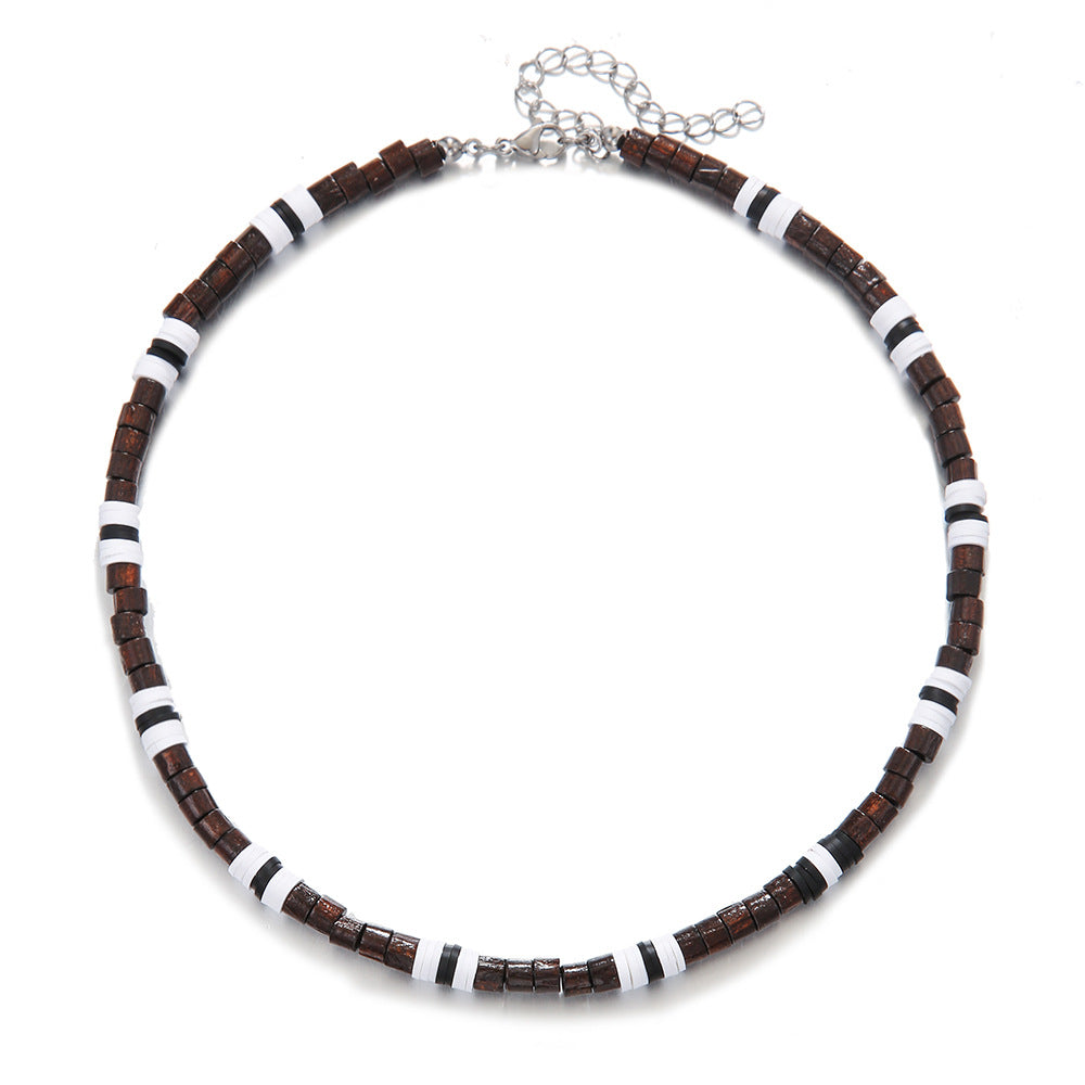 Bohemian Geometric Wood and Resin Beaded Necklace with Alloy Pendant on Cable Chain for Unisex
