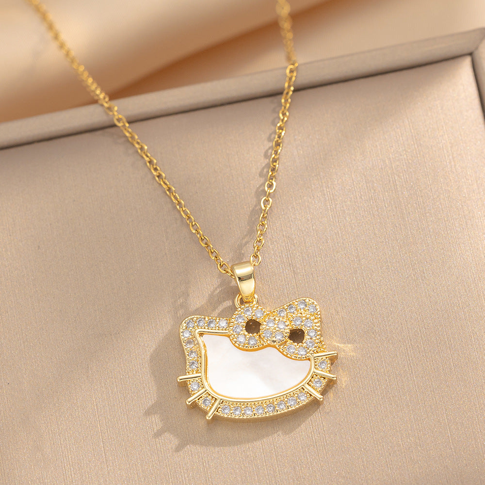 Collana minimalista con pendente a fiocco di gatto da donna in acciaio al titanio con intarsio di strass su catena a serpente