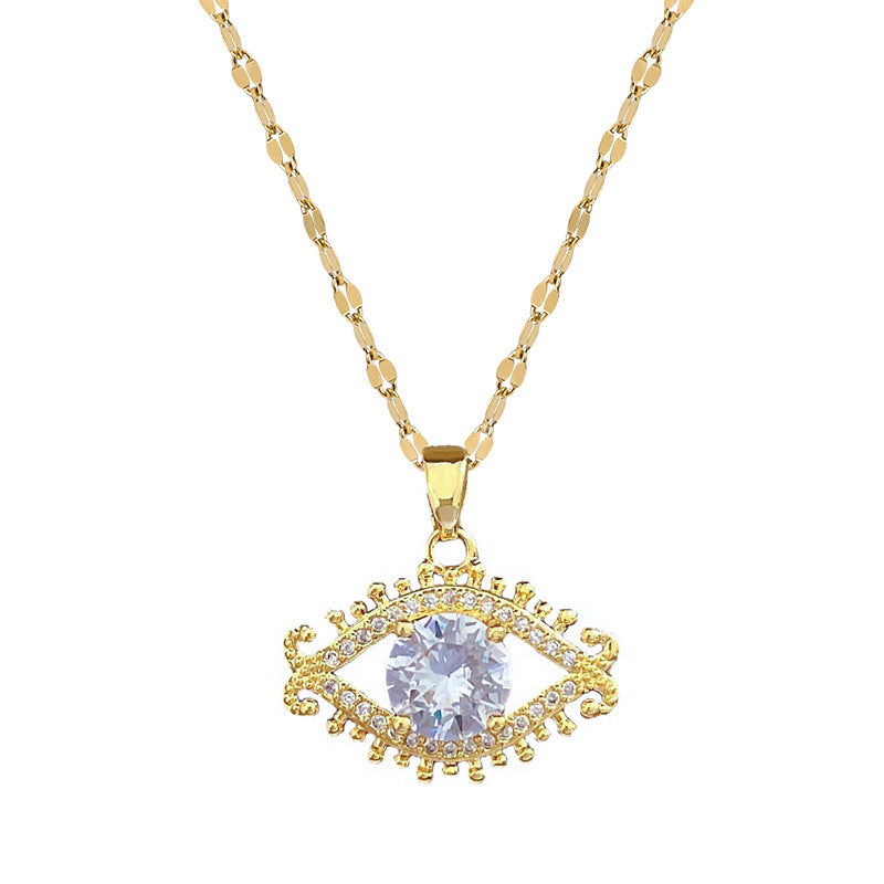 Collana da donna con ciondolo a occhio e ciglia geometrico in acciaio al titanio di lusso, con intarsi in strass, catena regolabile in acciaio al titanio