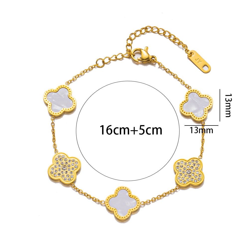 Fashion 18K Rose Gold Plated Titanium Steel Four-Leaf Clover Rhinestone Bracelet for Women
