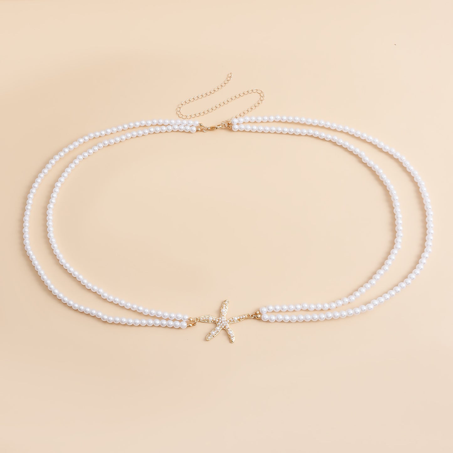 Casual Starfish Pendant Waist Chain for Women with Metal Double-Layer Beaded Design and Simulated Pearl Accents