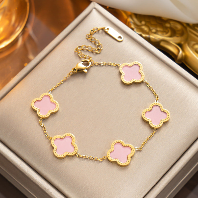 Fashion 18K Rose Gold Plated Titanium Steel Four-Leaf Clover Rhinestone Bracelet for Women