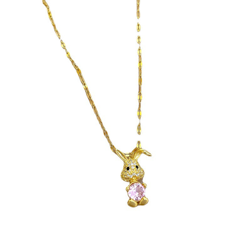 Luxury Rabbit Pendant Clavicle Chain in Titanium Steel with Cubic Zirconia Inlay and Gold Plating