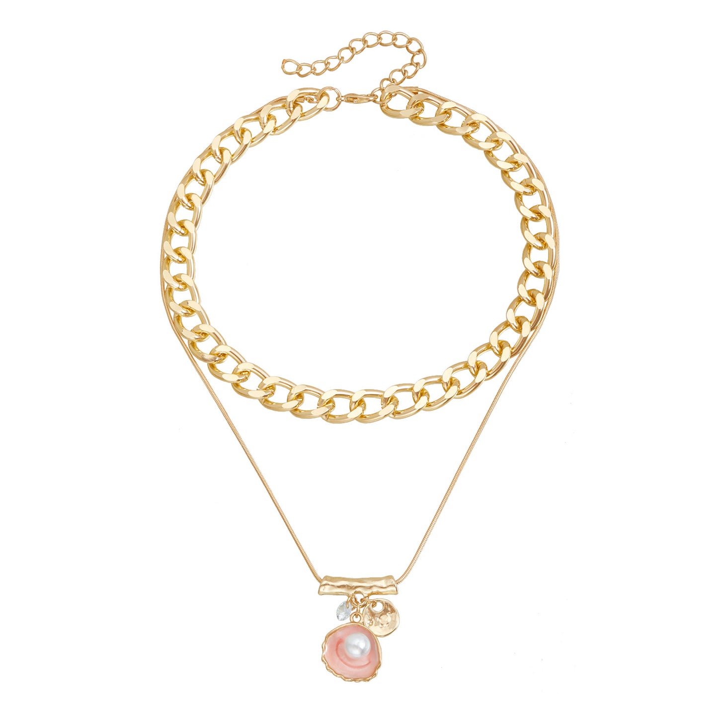 Fashionable Minimalist Geometric Pink Seashell-Inlaid Pearl Necklace for Women with Gold-Plated Alloy Choker Style Collarbone Chain