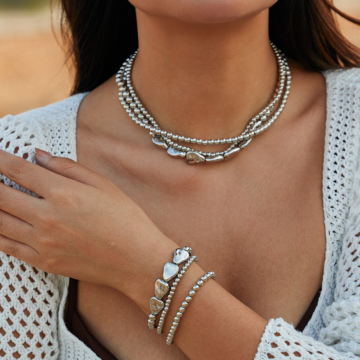 Juego de collar bohemio de aleación multicapa con perlas para mujer