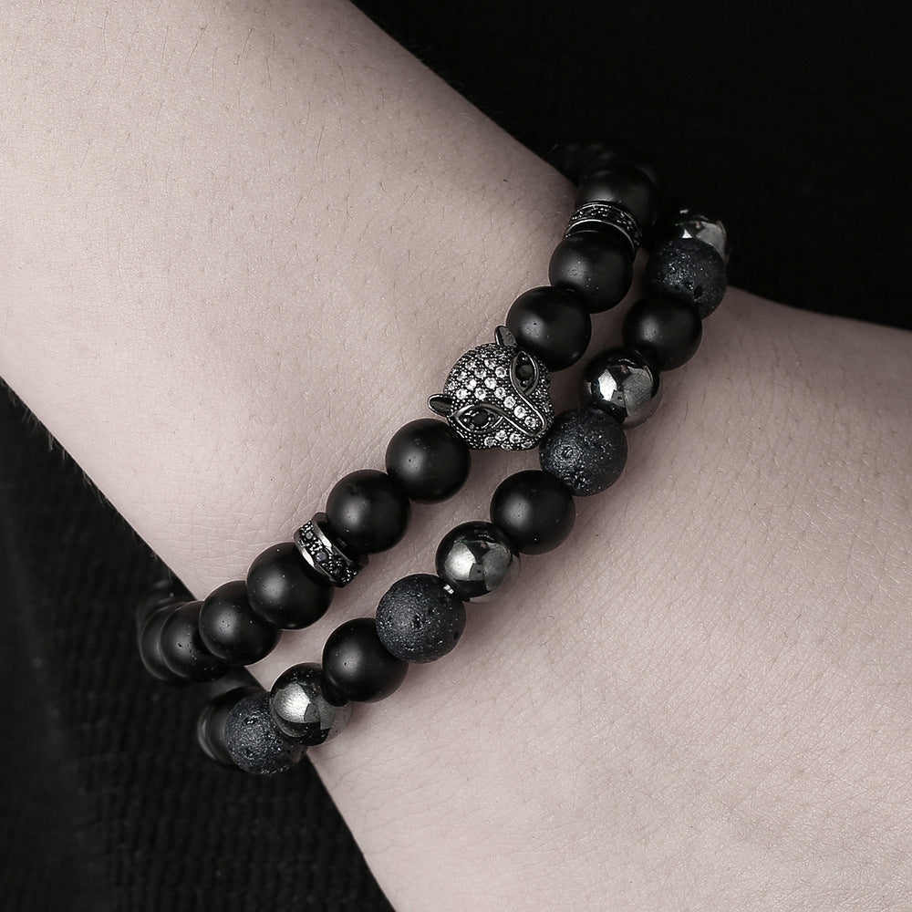 Matte Black Geometric Leopard Head Bracelet with Micro-set Cubic Zirconia and Round Spacers