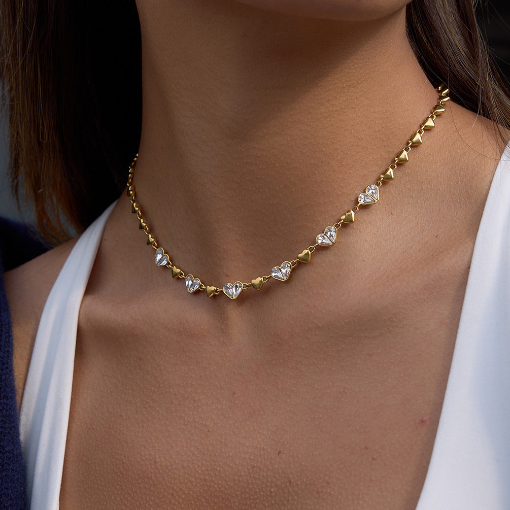 Elegant Heart Rhinestone Inlaid Titanium Steel Plated Necklace for Women