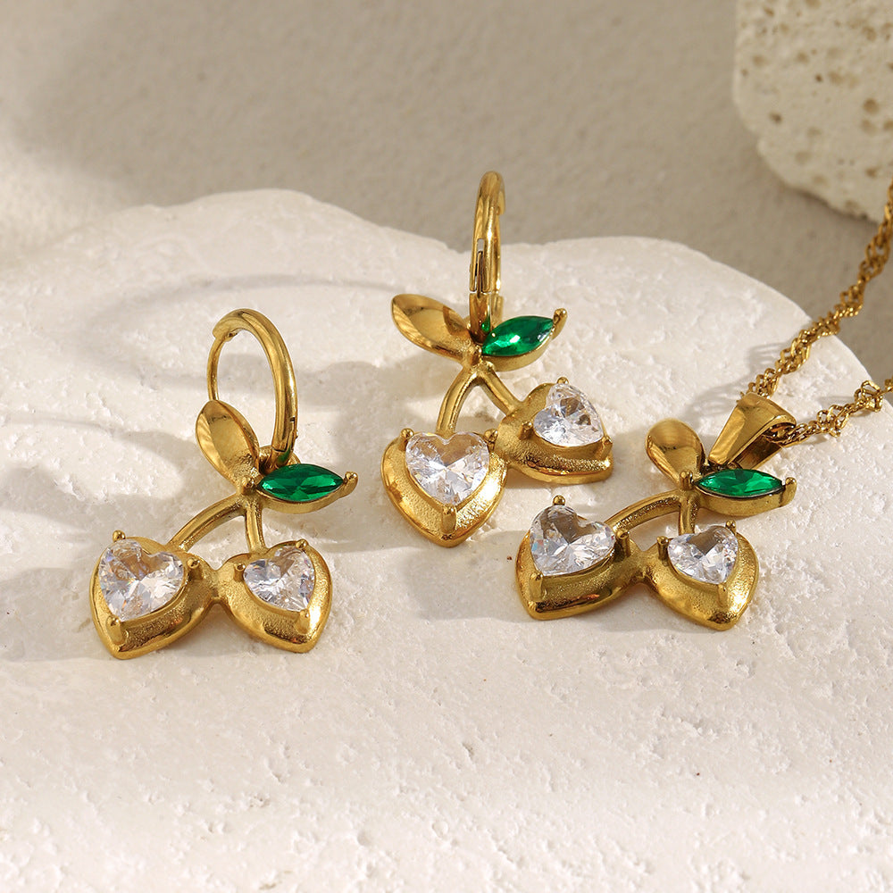 Collana Minimalista da Donna a Forma di Ciliegia in Acciaio Inossidabile con Placcatura in Oro 18 carati e Strass Trasparenti
