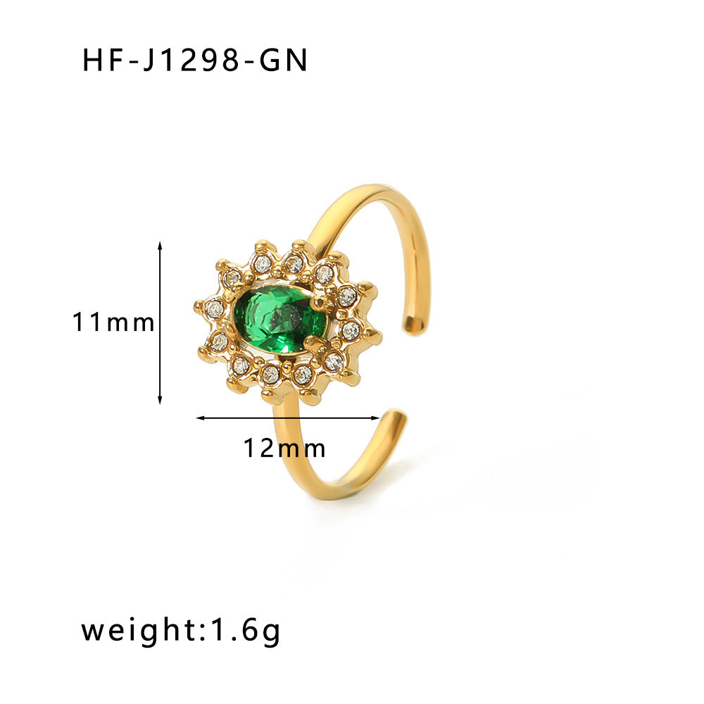 Anello da donna in acciaio inossidabile a forma di girasole minimalista con intarsio in zirconi cubici e placcatura sottovuoto in oro 18 carati