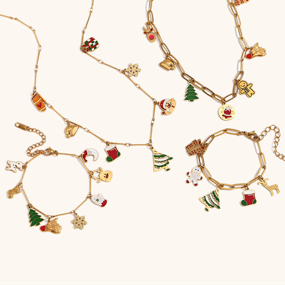 Pulsera minimalista geométrica de acero inoxidable enchapado en oro de 18 quilates con dije de copo de nieve navideño