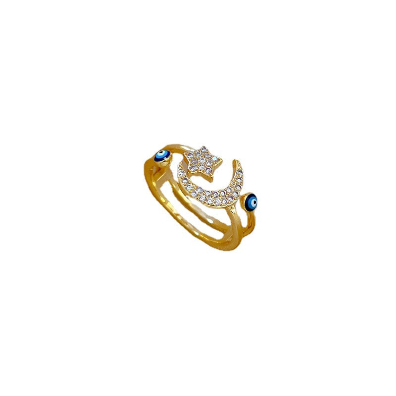 Anillo de latón chapado en oro con estrella y luna para mujer, anillo de dedo apilable de lujo minimalista con detalles delicados de micropavé