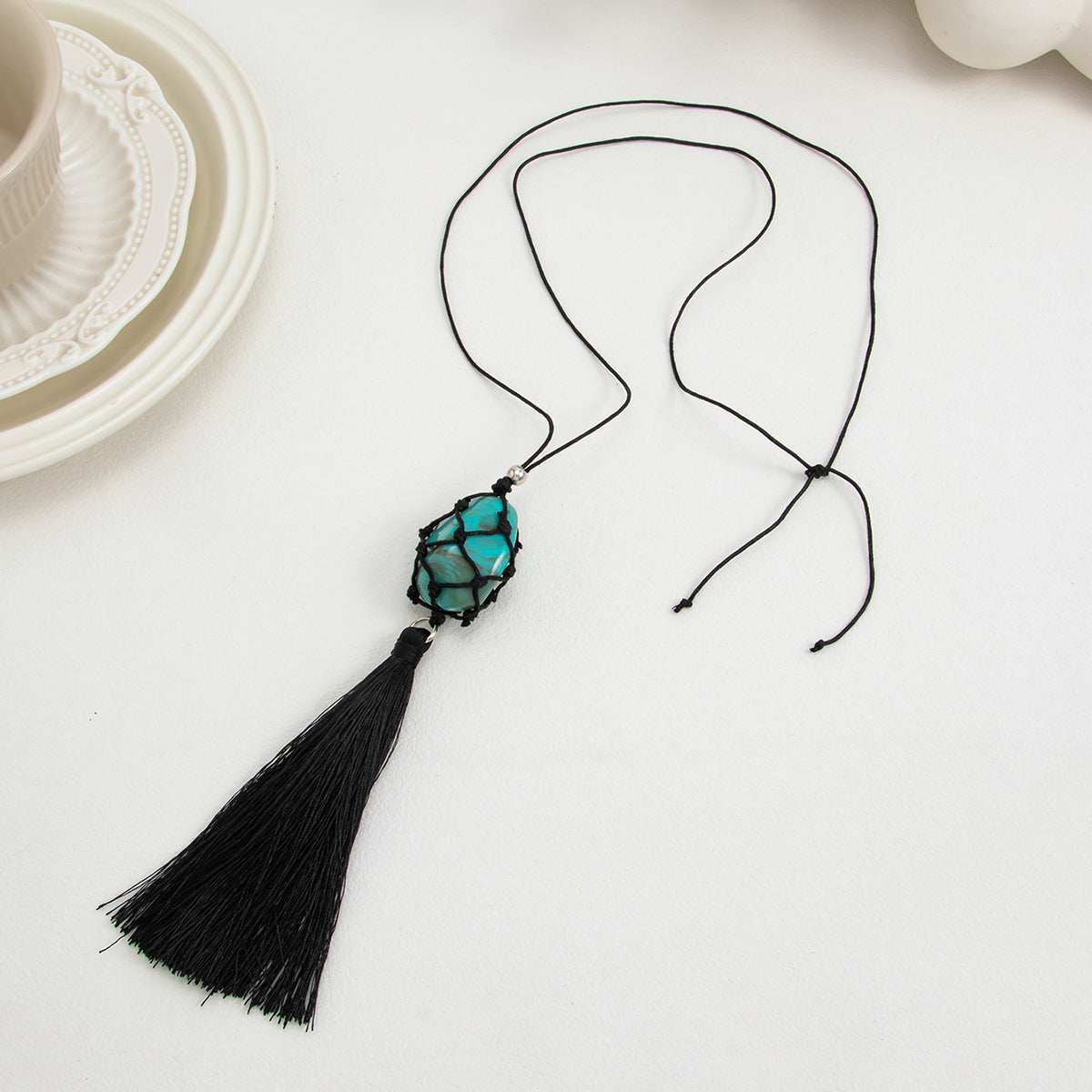 Minimalist Geometric Oval Resin Pendant Leather Cord Tassel Long Necklace for Women