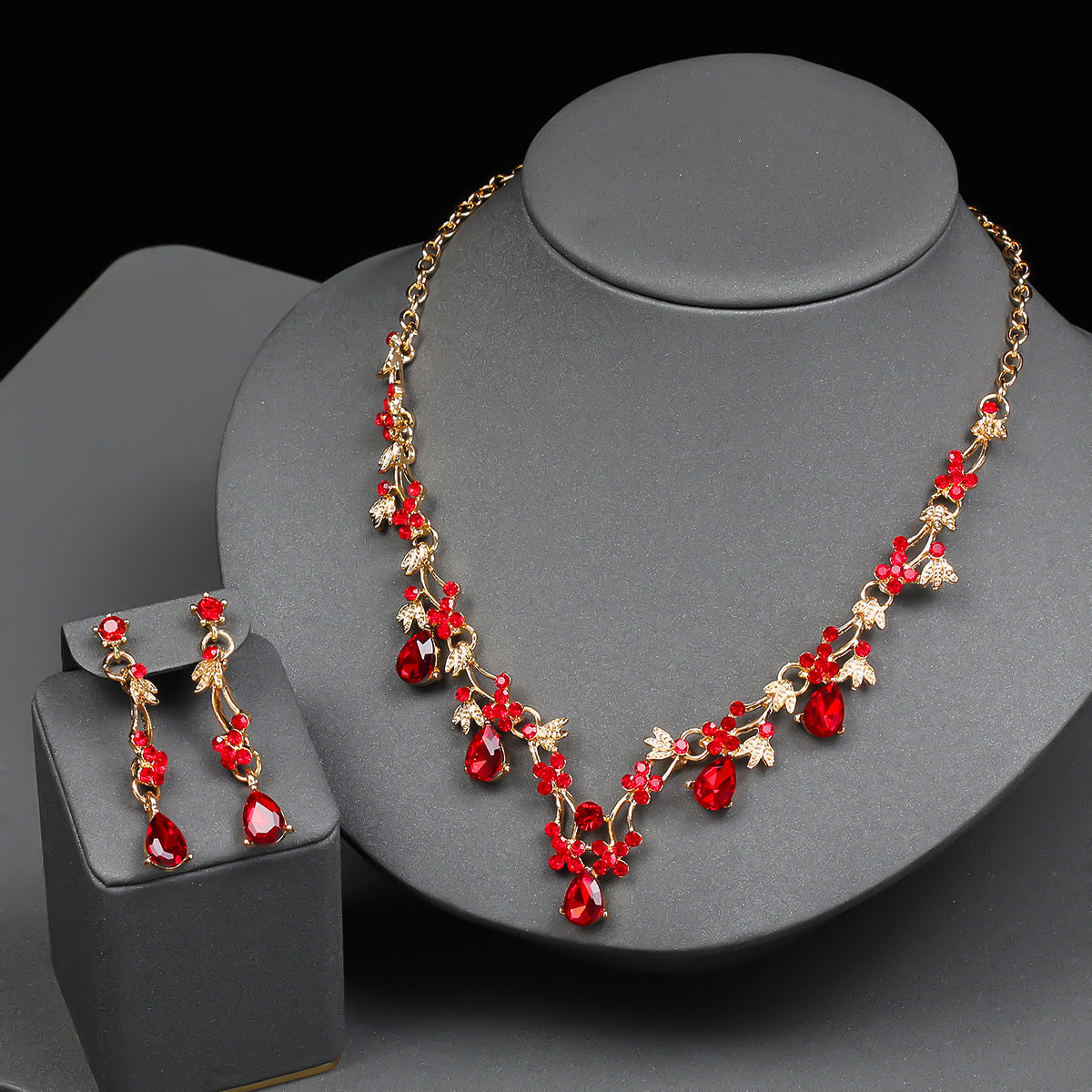 Charming Floral Wedding Necklace and Earrings Set for Women with Rhinestone Accents, Alloy Pendant and Chain, Plated Finish, O-Chain Style, Cherry Blossom Petal and Olive Branch Design