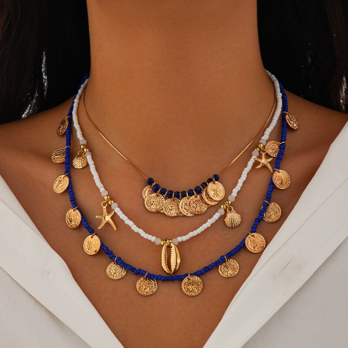 Minimalist Geometric Starfish Alloy Necklace Set with Beads and Shells for Women