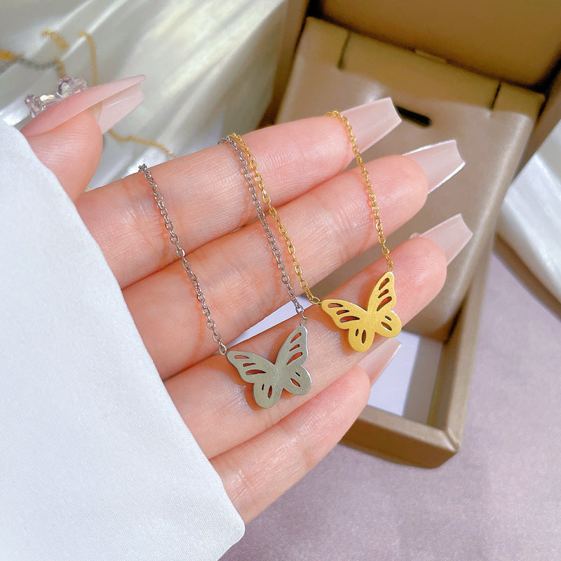 Minimalist Titanium Steel Hollow Butterfly Pendant Necklace for Women Gold-Plated Clavicle Chain with Floral Pattern