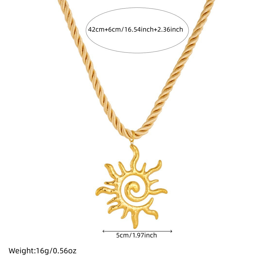 Vintage Gold Plated Sun Stainless Steel Pendant Rope Chain Necklace for Women