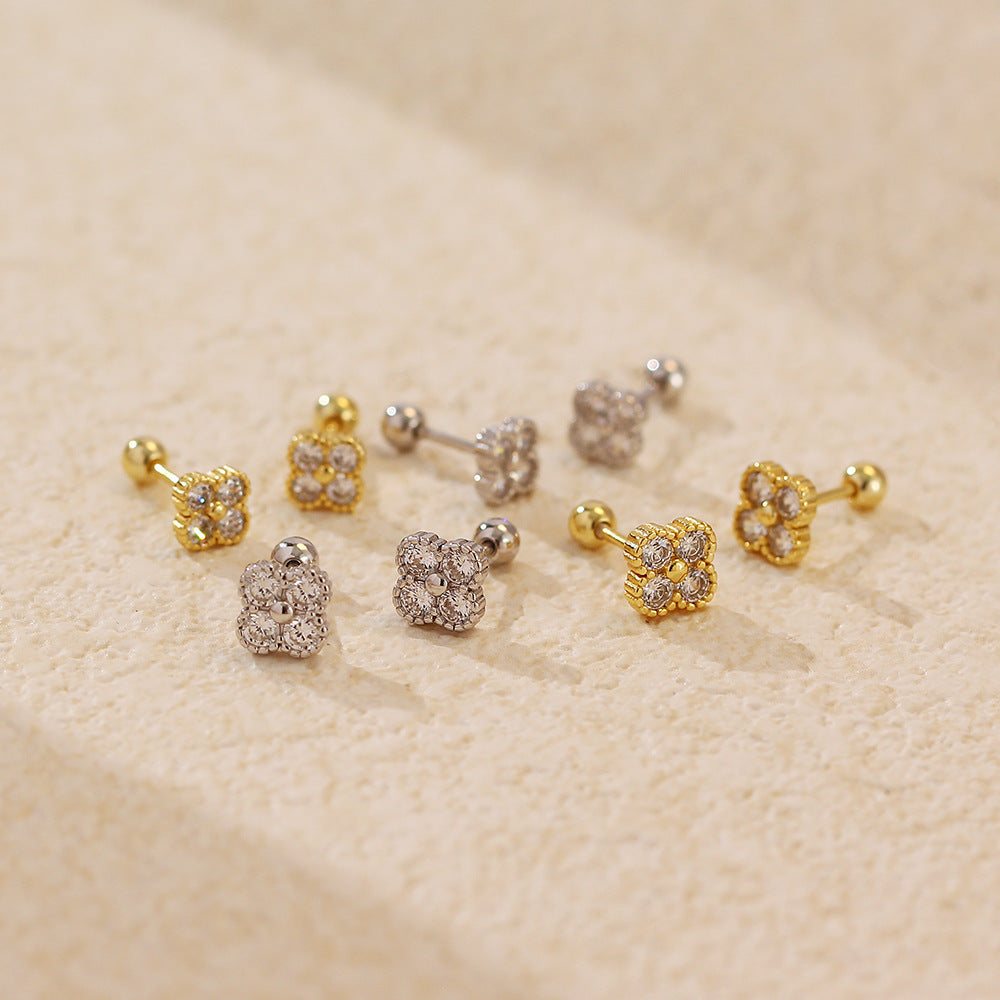 Vintage Clover-Shaped S925 Sterling Silver Stud Earrings with Rhinestone Inlay for Women