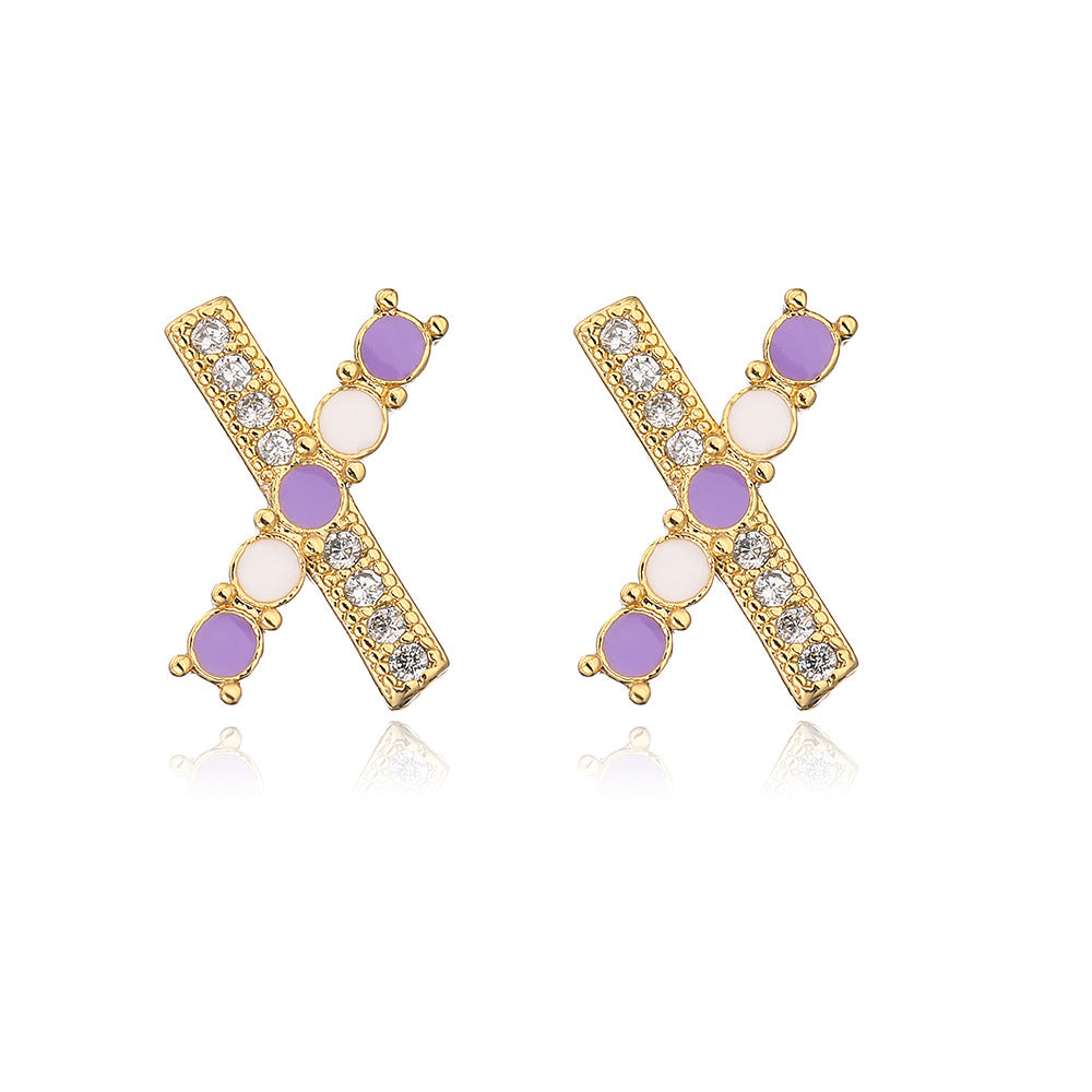 Minimalist Geometric Copper Earrings with 18K Gold Plating and Enamel Finish, Zircon Inlay, Women's Elegant Stud Earrings