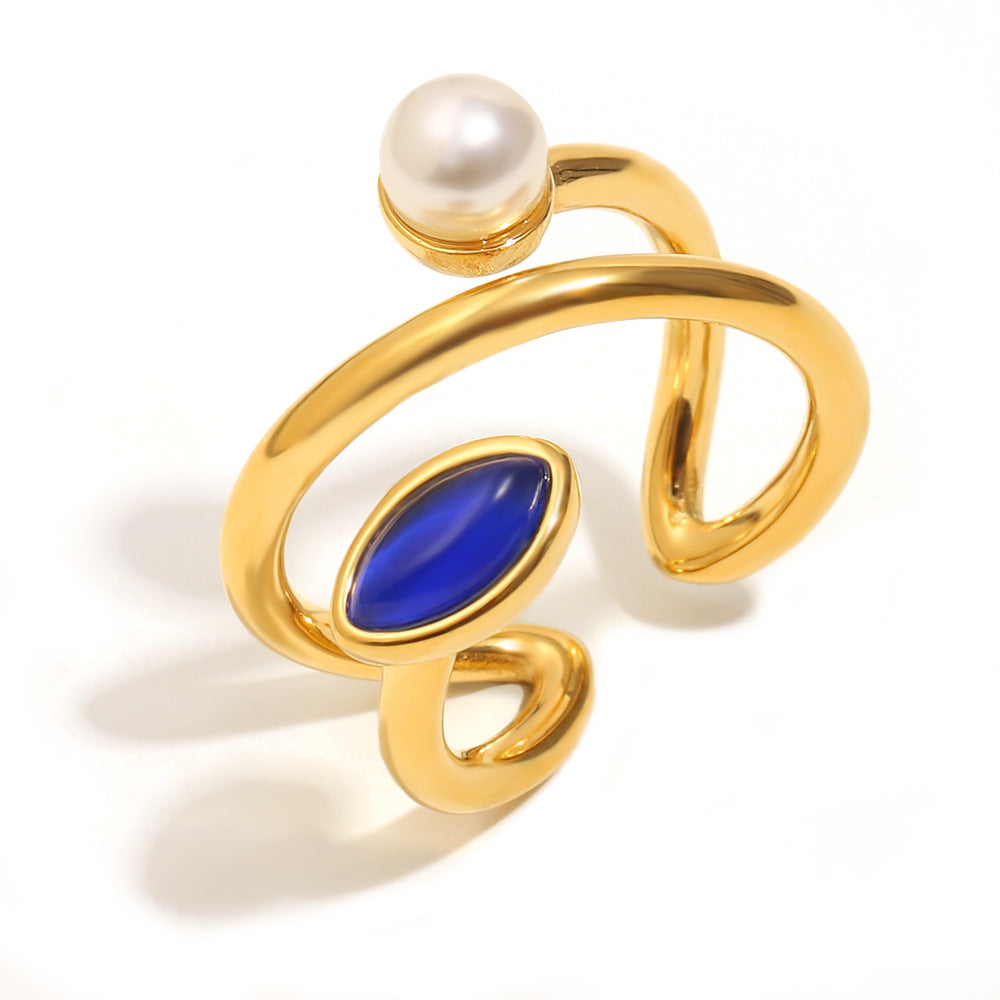 Anello Vintage di Lusso Asimmetrico Geometrico in Acciaio Inossidabile Placcato Oro 18K con Perla Sintetica e Accenti di Pietre Naturali