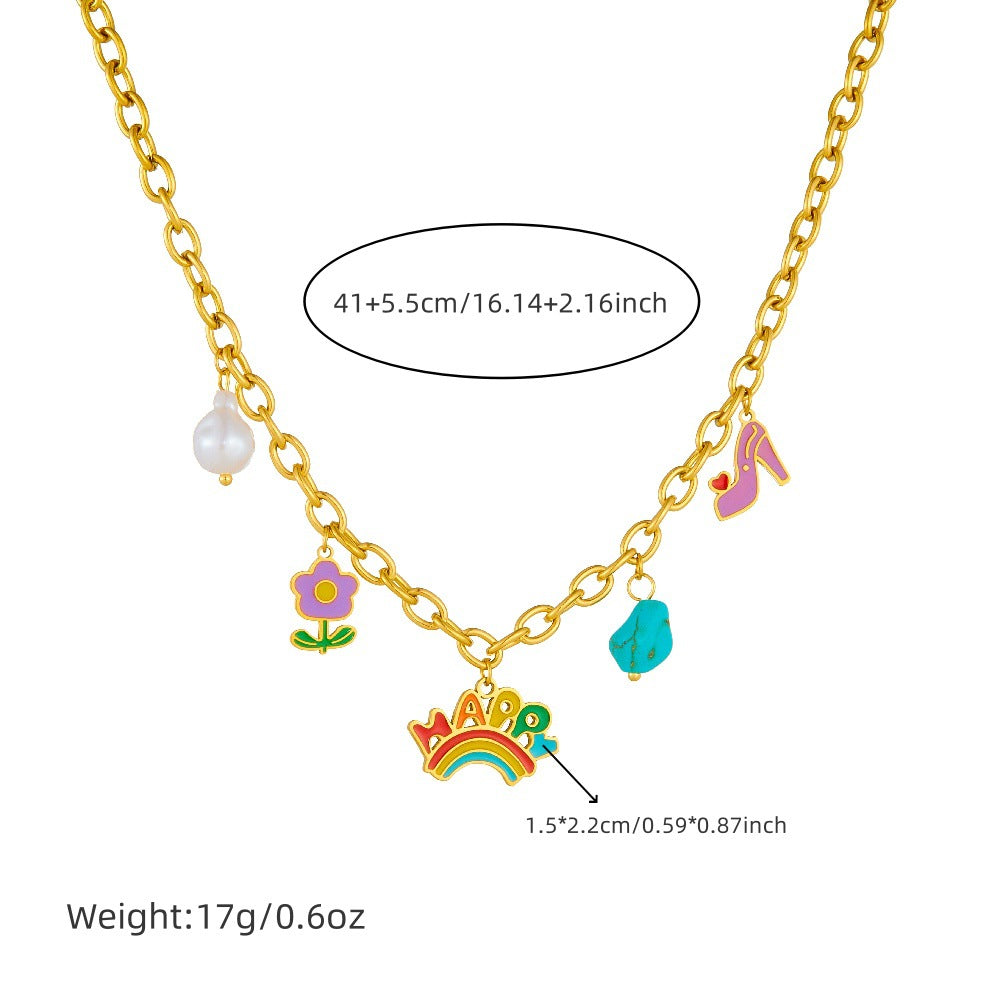 Cartoon Drip Oil Turquoise Floral Stainless Steel Jewelry Set with Cable Chain for Women