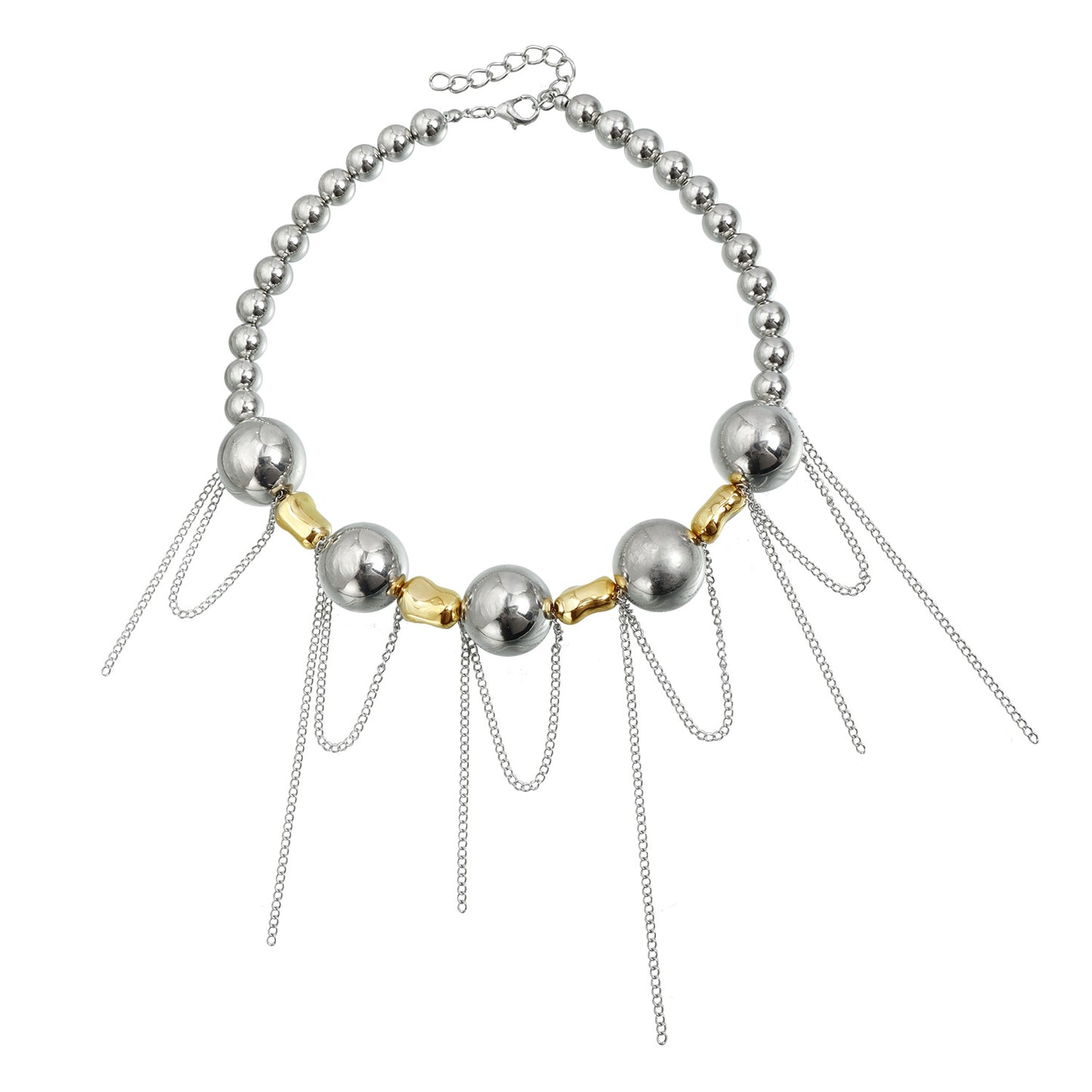 Exaggerated Geometric Round Beaded Tassel Necklace Alloy Plated Multi-layer Chain for Women
