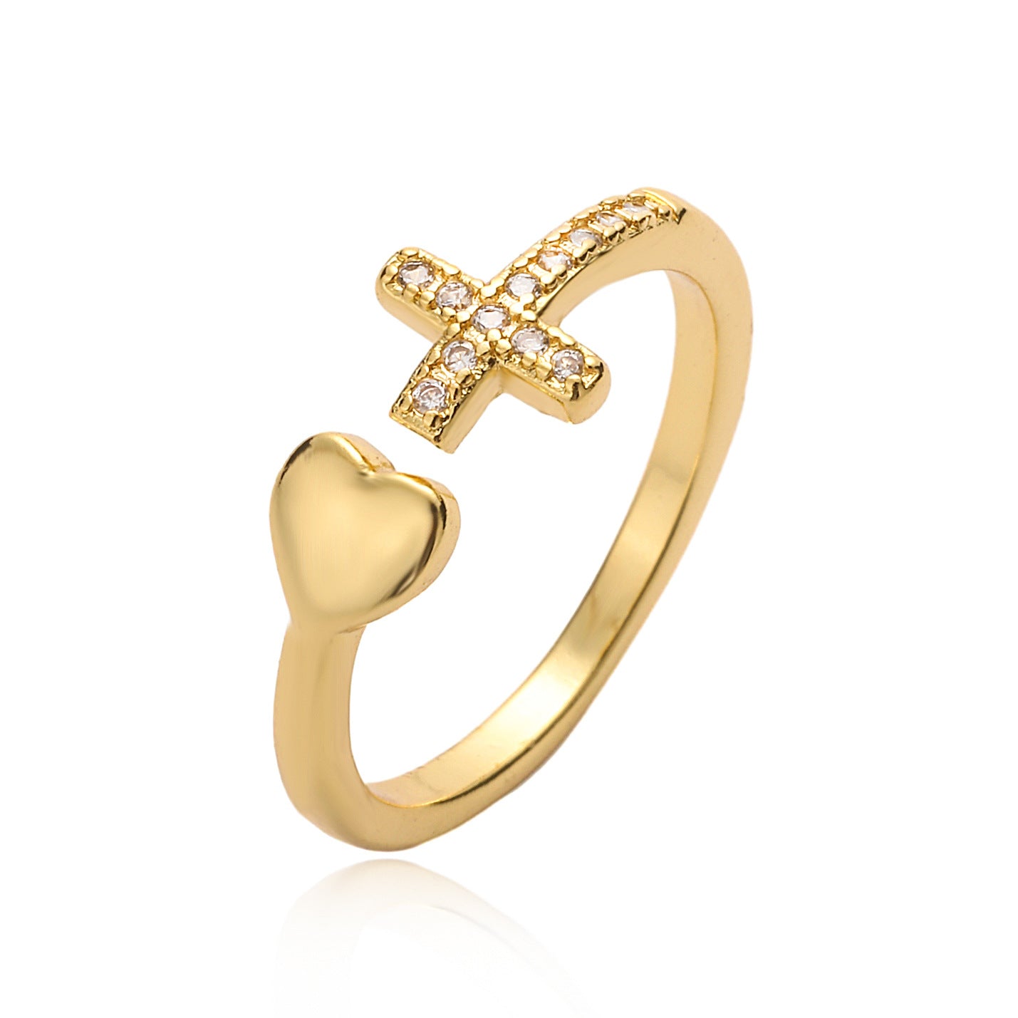 Minimalist Geometric Cross and Heart Shaped Copper Ring with Micro-Pavé Zirconia for Women