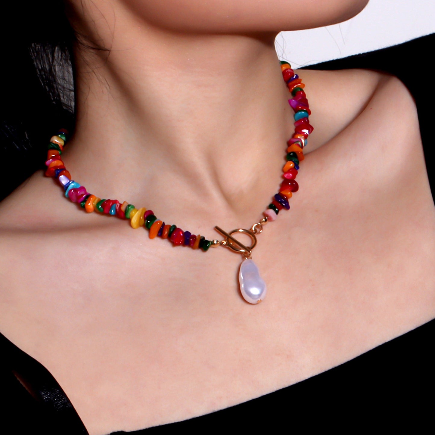Minimalist Geometric Pendant Necklace in Alloy with Plated Finish and Colorful Stone Inlay on Small Link Chain
