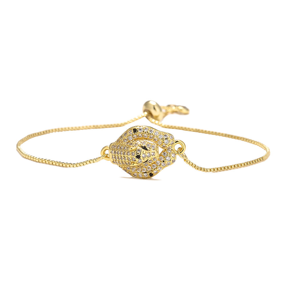 Minimalist Geometric Leopard Head Hand Chain for Women in Brass with Real Gold Plating and Zircon Inlay