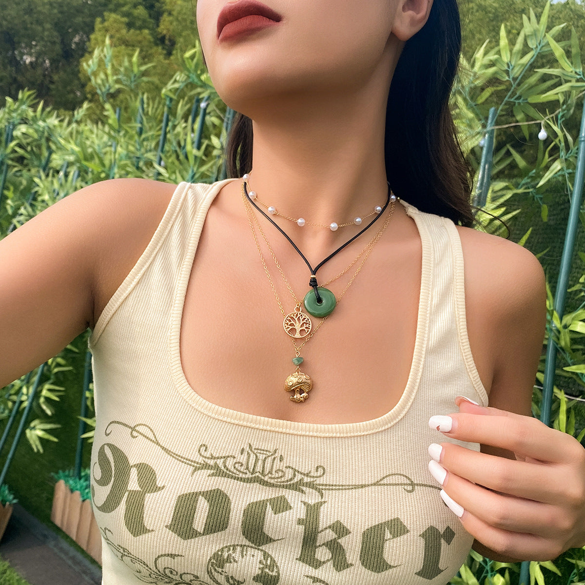 Collana Pendente Occhio di Allah Vintage Turchese da Donna con Perle in Lega e Cordino Cerato a Forma Geometrica