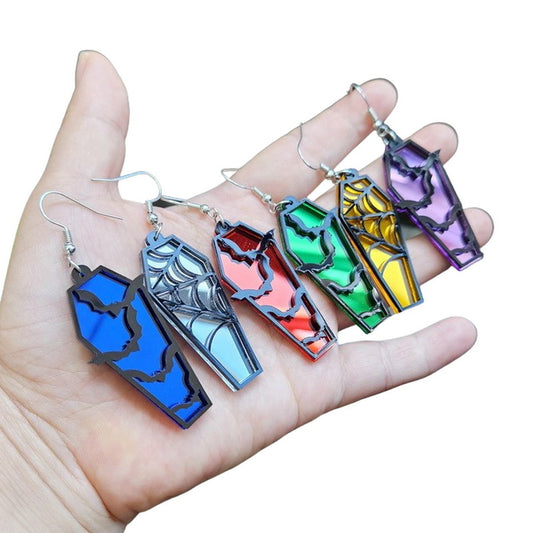 Pendientes de murciélago en forma de ataúd con telaraña acrílica de inspiración vintage y detalles calados para mujer