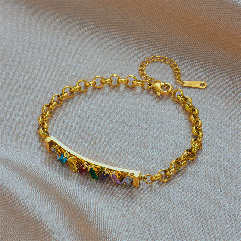 Vintage Fashionable Colorful Transparent Rhinestone-Embellished Bar-Shaped Titanium Steel Bracelet with Plated Finish