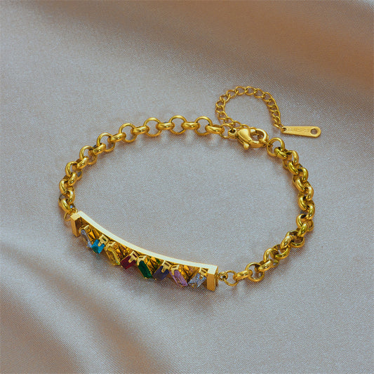 Vintage Fashionable Colorful Transparent Rhinestone-Embellished Bar-Shaped Titanium Steel Bracelet with Plated Finish