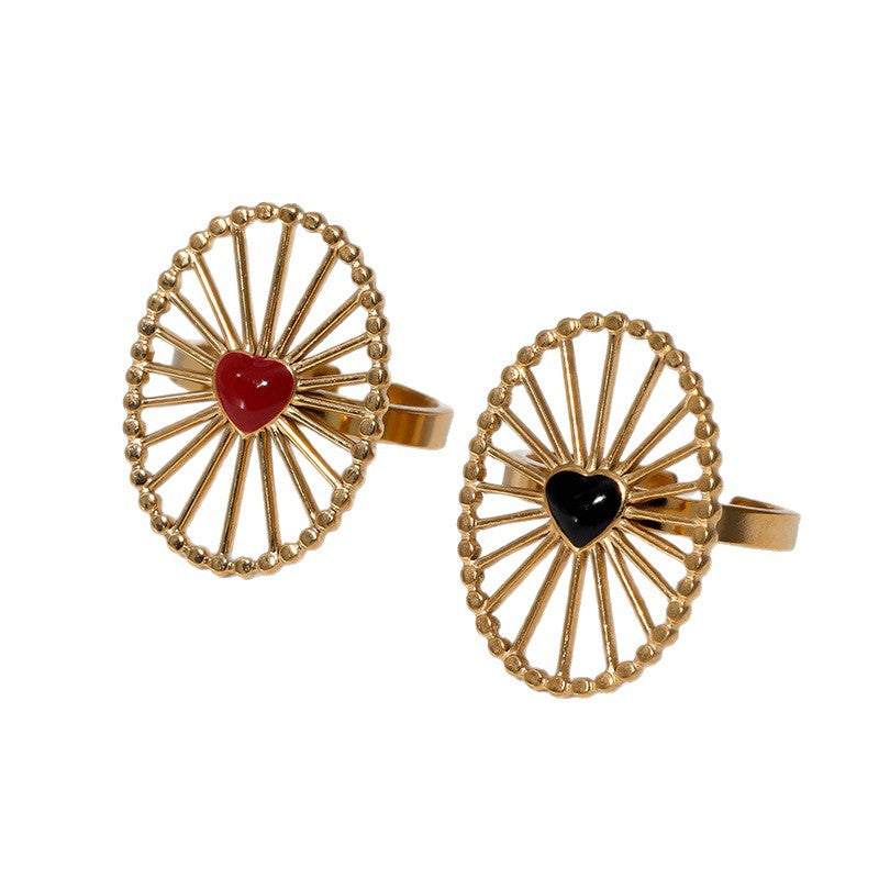Anello Minimalista Geometrico da Donna in Acciaio Inossidabile Smaltato con Fascia Aperta e Dettaglio a Cuore