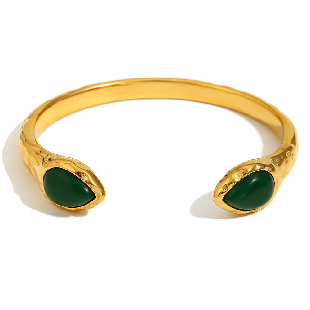 Bracciale da donna in acciaio inossidabile placcato oro 18 carati con testa di serpente doppia e agata, ispirato alla geometria vintage francese