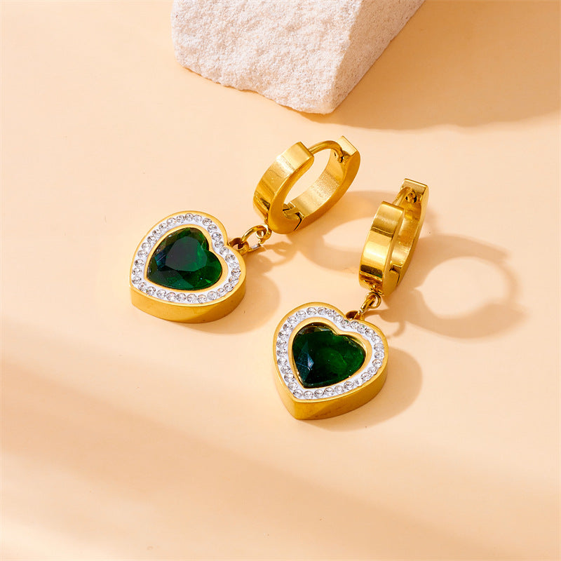 Pendientes de acero inoxidable para mujer con forma de corazón y circonitas incrustadas, estilo minimalista
