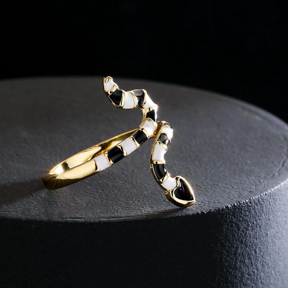 Bohemian Style 18K Gold Plated Copper Snake Shape Open Ring with Enamel Micro-Inlay for Women