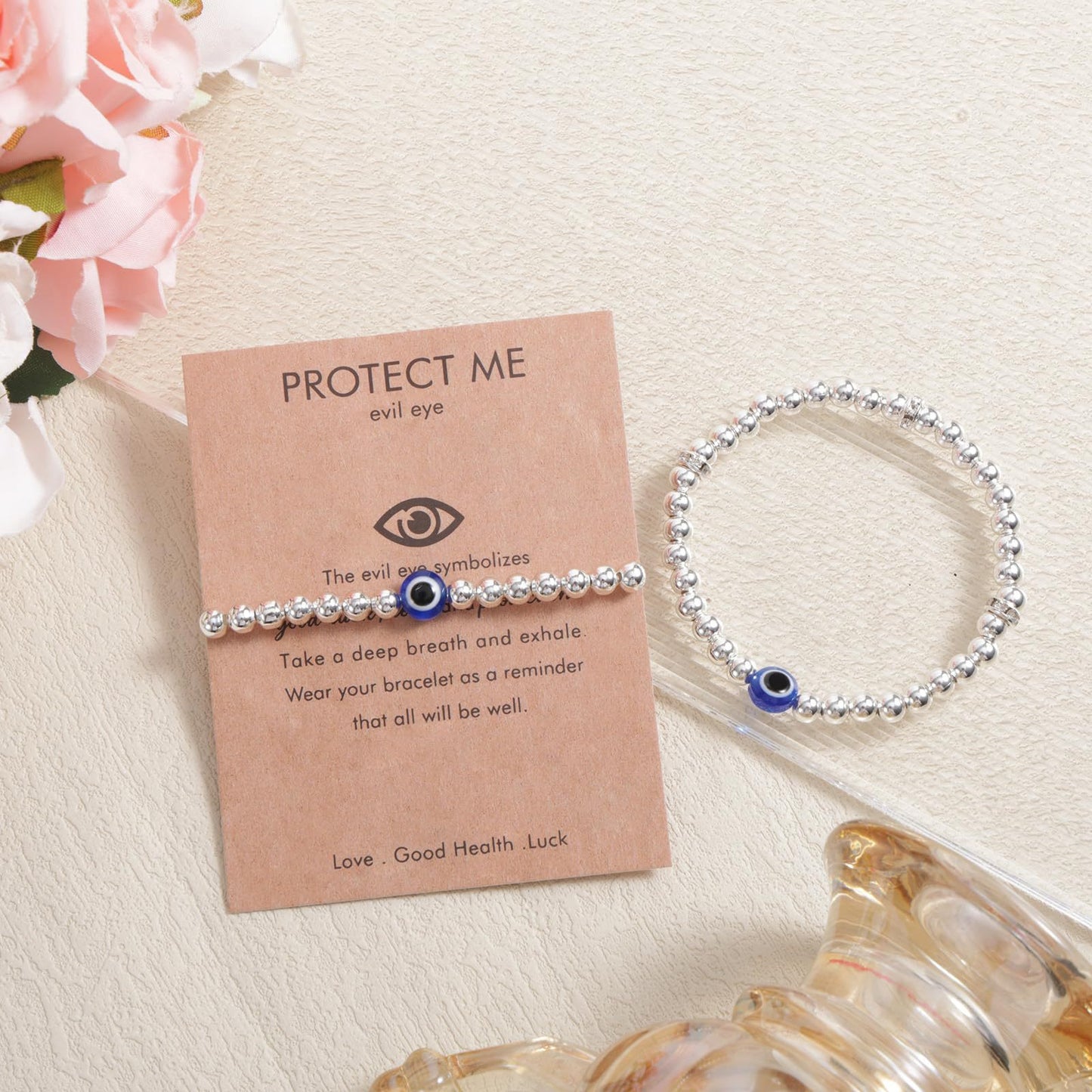Personalized Evil Eye Stainless Steel Plated Bracelet with Spacer Beads