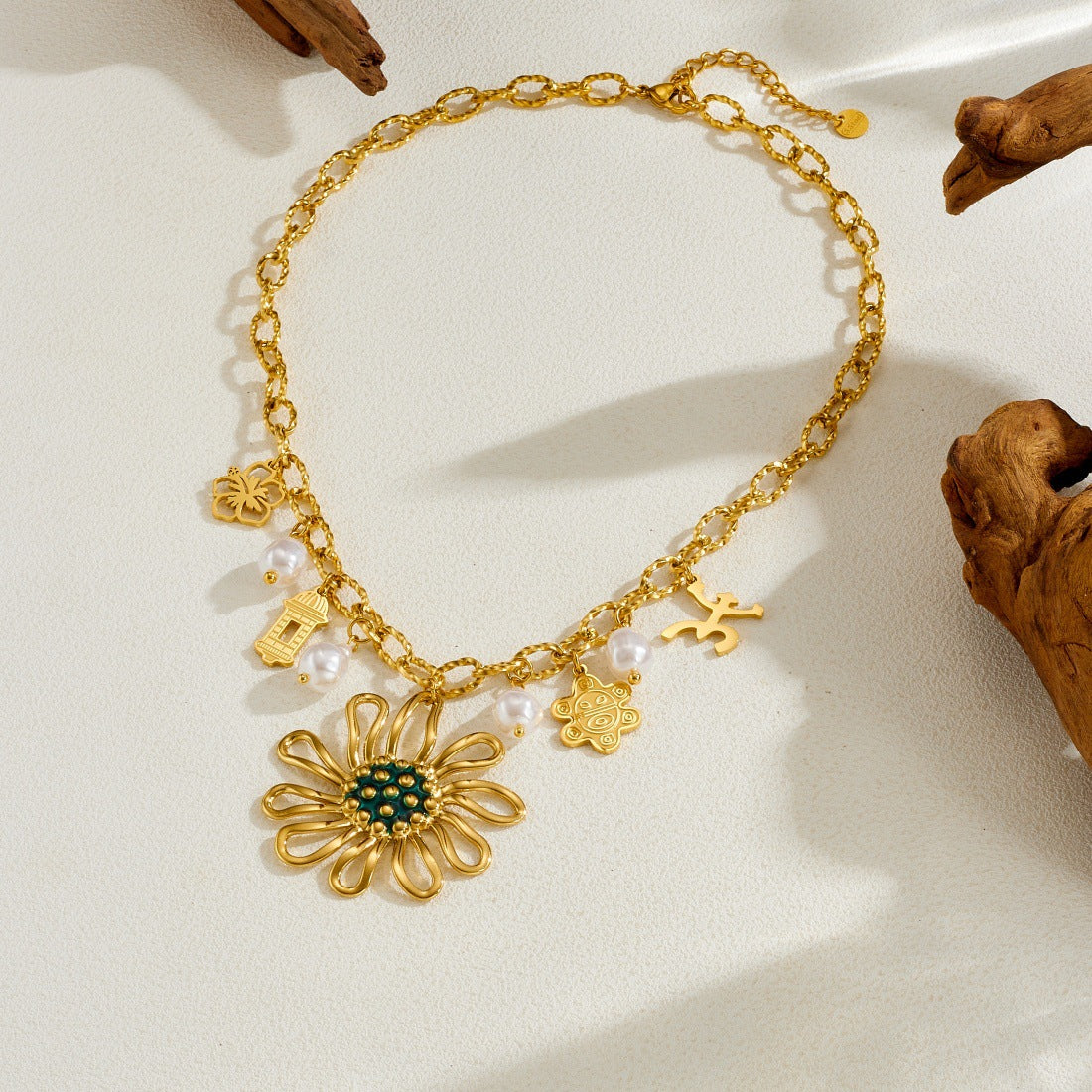 Gold Plated Stainless Steel Sunflower Charm Bar Necklace with Cable Chain for Women