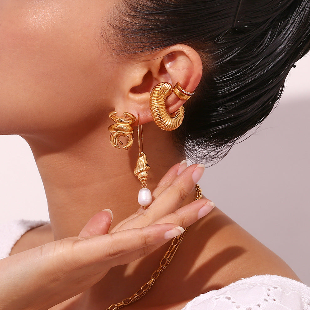 Fashionable Minimalist Geometric Abalone Shell Hoop Earrings in Stainless Steel with 18K Gold Plating and Freshwater Pearl Accents