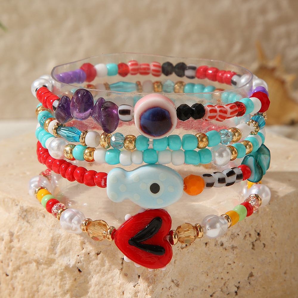 Sweet Geometric Heart Ceramic Imitation Pearl Glass Crystal Beaded Bracelet