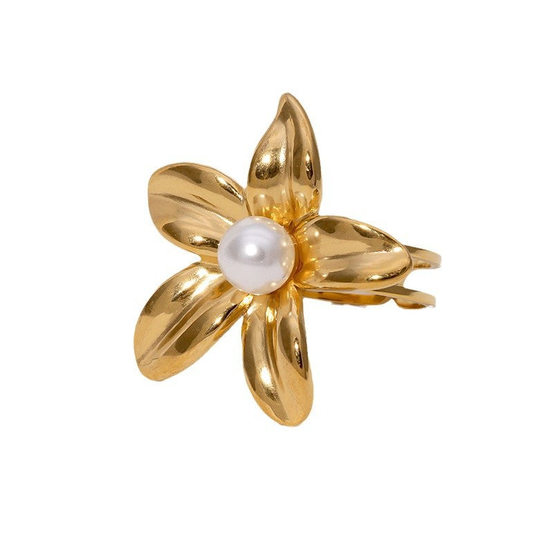 Minimalist Floral Stainless Steel Ring with Plated Finish for Women, Adjustable Open Band Style Simulated Pearl Accent