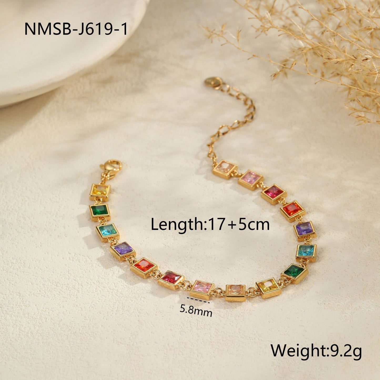Bracciale da donna alla moda in acciaio inossidabile con geometria, placcatura in oro 18 carati e dettagli in zirconi colorati