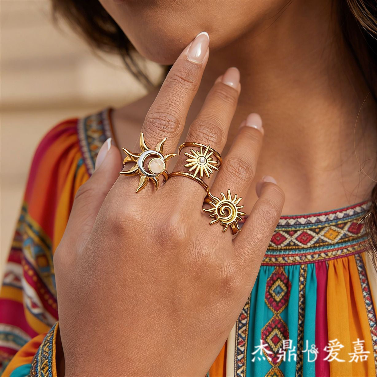 Fashion Geometric Sun 18K Gold Plated Stainless Steel Ring for Women