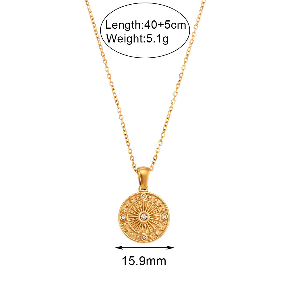 Minimalist Geometric Compass Pendant Necklace in Stainless Steel with Rhinestone Inlay for Women