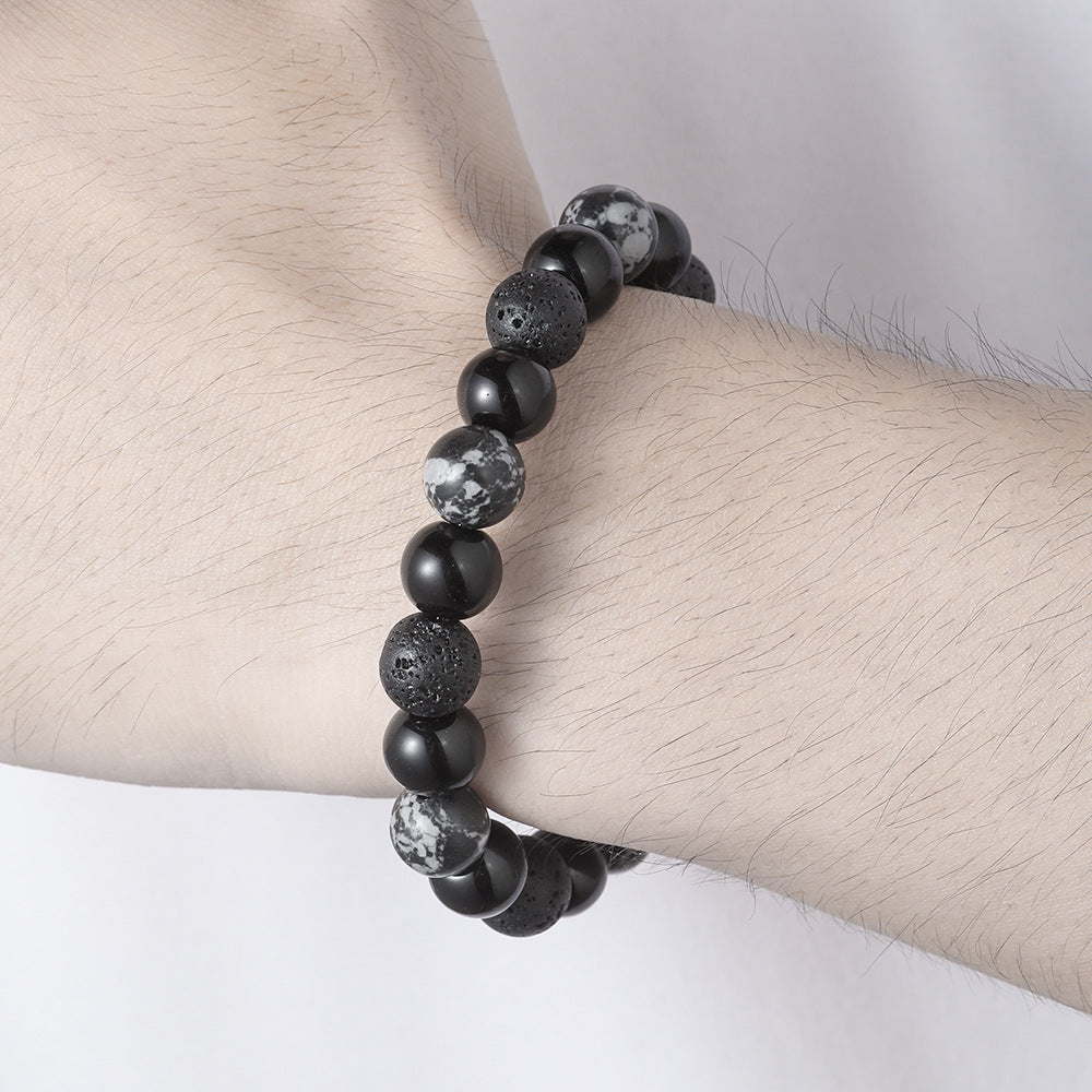 Ethnic Handmade Geometric Round Stone Bracelet with Snowflake Volcanic Stone and Hematite for Unisex